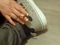 Detailed Scene of Friend Trashing Sneakers and Shoes with Feet Involved.