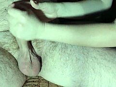 skillful asian amateur gives close-up handjob and blowjob to huge throbbing cock