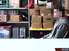 Oh man, I can't believe this female mall cop milf is blackmailing me, a young 18+ guy, into sex right here in the shop office!