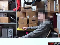 Oh man, I can't believe this female mall cop milf is blackmailing me, a young 18+ guy, into sex right here in the shop office!