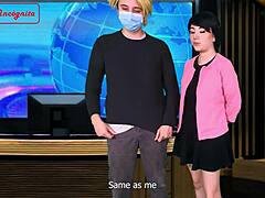 the weather report casually turns into a sensual encounter with doggystyle bent over riding and cum in mouth in costumes.