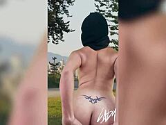 Horny shemale gets off masturbating with big tits and ass in public park crossdressing show