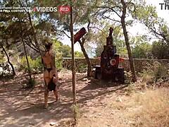 Muscular german babe takes big cock blowjob and doggystyle fucking with facial cumshot on ibiza public beach