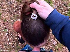 real russian couple captures their spontaneous outdoor blowjob adventure in the forest with ponytail action