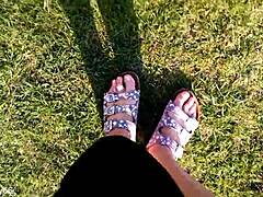 Barefoot in slippers outdoors - hey, check this solo German amateur vibe! 👣