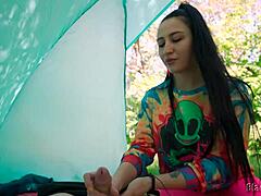 so this slutty hippie chick with long hair just pulled me into her tent in the forest and gave me a quick cfnm handjob outdoors.