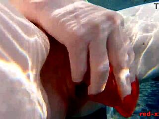 Red XXX Fucks Pussy With Toy In Pool Outdoors