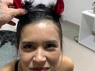 Innocent girl goes wild for halloween candy treats