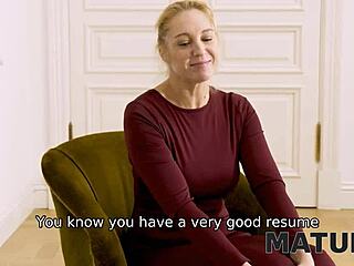 cheeky mature blonde in stockings teases interviewer