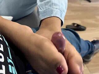 relaxing footjob before movie with cum finish