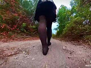 Evening Forest Path Tease with Nylon-Clad Legs