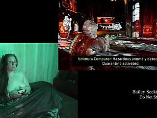 Naked brunette plays Deadspace part 8