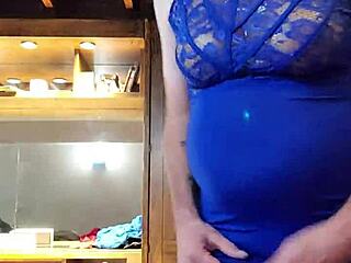 Cock teasing brunette in blue dress
