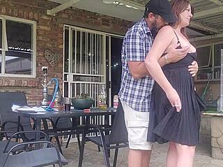 Neighbour’s wife upskirt fuck outdoors while away