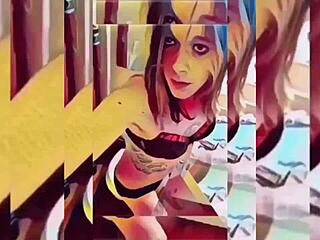 Shemale teases hard in bathroom strip