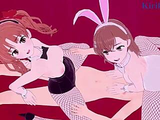 mikoto misaka and kuroko shirai in bunny outfits have intense threesome sex in railgun hentai