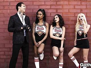 Goth Cheerleaders Kenzie, Kira, Jane Share Cock In Wild Foursome