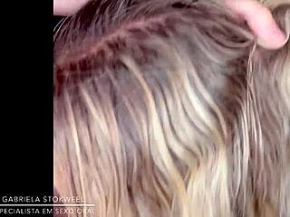 Blonde’s teasing deepthroat on a massive Brazilian cock