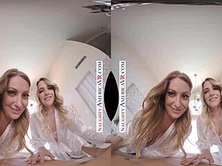 Naughty American chicks share VR threesome fuck