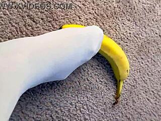 banana tease in white nylon stockings