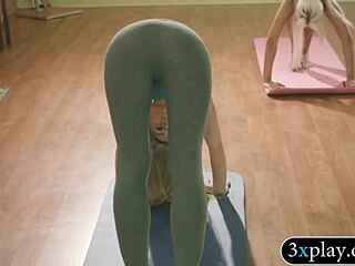 Bouncing yoga with big-boobed instructor