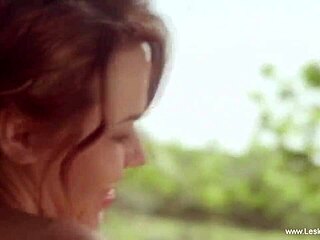 Tan girlfriends tease with outdoor pussy play