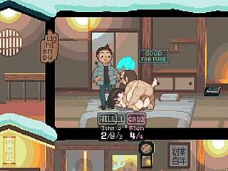 Hentai game pixel art shows three girls fucking each other’s partners.