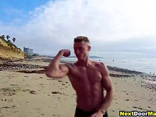 Muscular gay jocks fucking hard on beach