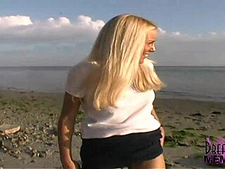 All natural blonde dream girl with shaved pussy and piercing strips naked in local park for solo nude show