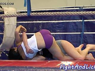 skinny lesbian babes battle it out in a boxing ring