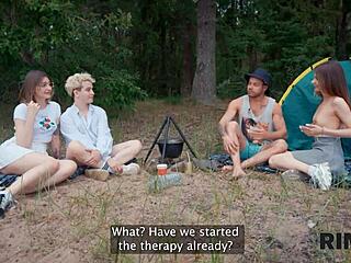 Two Girls and One Guy in Rimjob Cleanup Session Outdoors