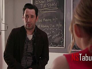 Tiny Cheerleader Fulfills Teacher's Fantasy in Classroom. Dreams Turn Real Over Desk With Young Student.