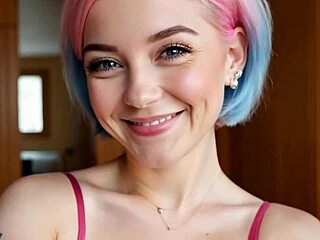 Exhibitionist virtual girlfriend Mia Pink AI-generated flashes big tits in bedroom. Her cute blue eyes seduce instantly.