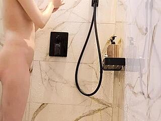 Bathing Ritual of Cute Black-Haired Japanese Girl in Shower