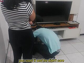 Housewife complains to technician about husband ignoring her new lingerie. She tries it on for his opinion.