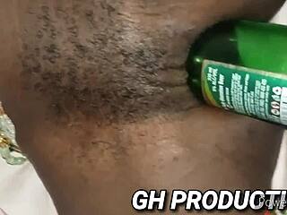 Black slut spreads for club bottle in pussy and ass