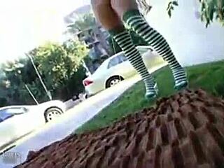 Lily's public tease in stockings?