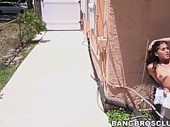 That latina babe gets hammered by beefy dudes big dick outdoors in missionary