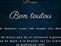 In this french femdom video, the mistress gives jerk off instructions to her good dog