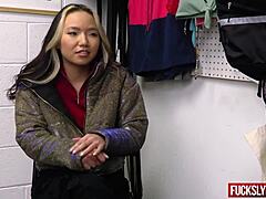 The Jacket Mishap: Asia Lee Kneels for Creamy Teen Finish