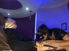 dominatrix starts with a sneaky blowjob in part 1, leading to sexy latina handjob domination