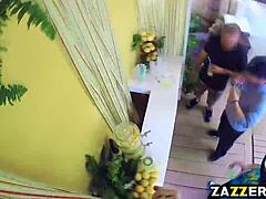 Dani Daniels casually gives a handjob to big cock while serving fresh lemonade in the scene.