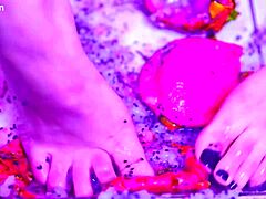 Bare Toes Crushing Juicy Fruit with Sensual Pressure and Wet Splashes in Close-Up Detail