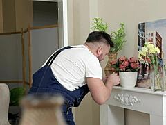 Pussy creampie fills up the housewife after wet blowjob and doggystyle fucking from plumber in kitchen. Tight vagina takes deepthroat and riding action with squirting orgasm.