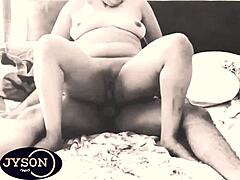 in a close-up narrative, a babe with natural tits rides cock cowgirl style, sucking and fucking until he cums inside to avoid staining the bed and alerting her husband