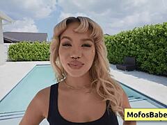 sexy petite 18+ blonde luna luxe shows natural tits and round butt by the pool with jmac