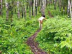 Milf strips outdoors to goal, big tits and ass exposed. Fucked stepmom after walk with ripped clothes.