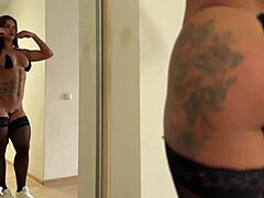 Bold latina rides muscular bodybuilder doggystyle in black stockings with wet pussy gaping.