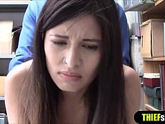 Skinny and pale shoplifter teen gets fucked hard from behind in doggystyle after getting caught