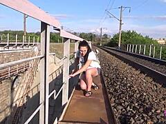 Outdoor amateur fuck continues with teen brunette getting pussy drilled doggystyle bent over in public part 2